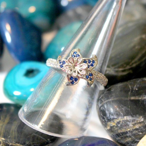 Sterling Silver Blue Flower White Sapphire Ring 8 - Picture 2 of 9
